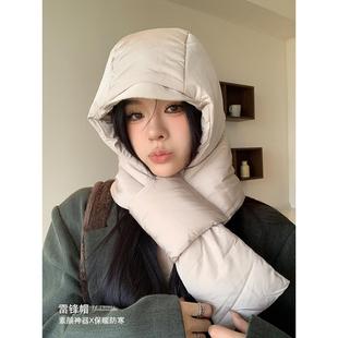 带围脖的一体帽子围巾女冬加厚东北羽绒棉帽保暖防风防寒护耳帽骑