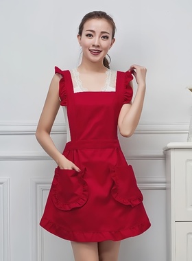 韩版时尚修身显瘦美容甲师新款红色母孕婴店荷叶花边化妆厨房围裙