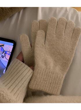 手套红色纯色针织女冬季防风骑车保暖防寒护手指五指分学生骑行