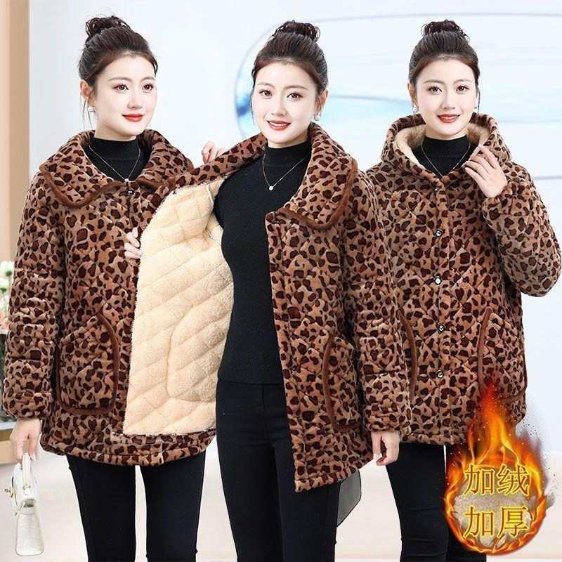 新款妈妈豹纹加绒加厚棉衣