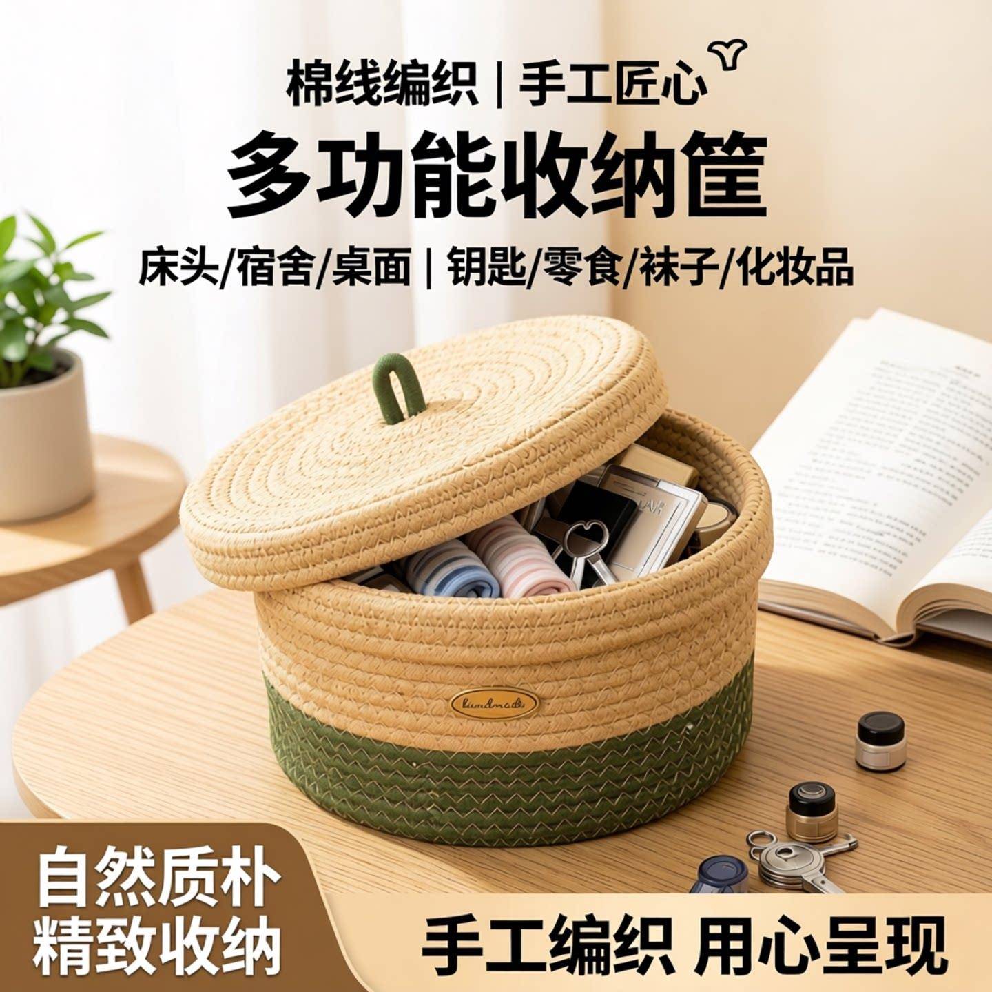 编织收纳篮棉线桌面带盖棉绳收纳筐置物盒篮床头宿舍钥匙零食袜子