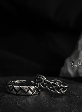 ions shop 原创复古镂空编织缠绕纯银戒指环做旧情侣百搭小众尾戒