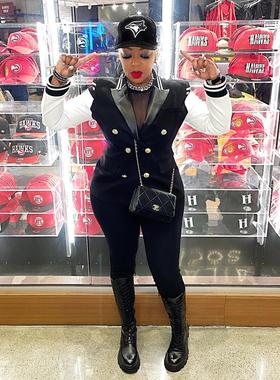 PU leather patchwork baseball jersey时尚金属扣PU皮拼接棒球服