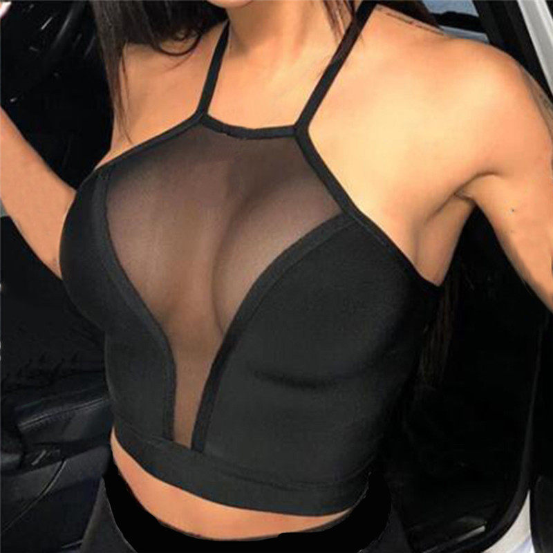 Mesh splicing crop top with exposed navel网纱拼接露脐小背心