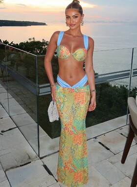 Strap top high waisted skirt set 绑带上衣高腰半身裙三件套女