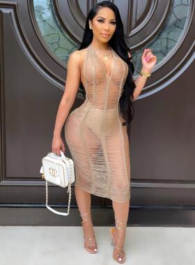 Hollow neck hanging woolen knit skirt 镂空紧身裙挂脖毛织裙女