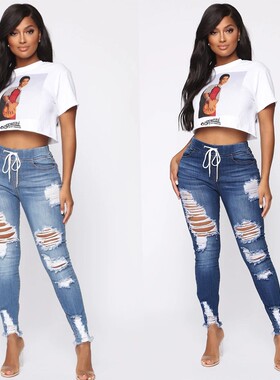 Elastic waist jeans high-waisted trousers with small feet女
