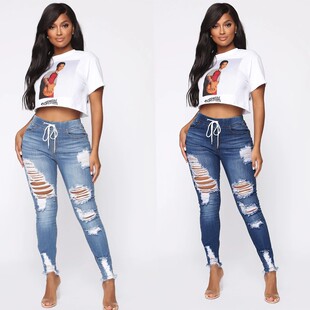 Elastic waist jeans high-waisted trousers with small feet女