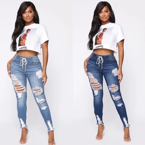 Elastic waist jeans high-waisted trousers with small feet女