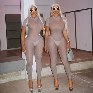 sleeved short jumpsuit透视露背短连体衣 backless Perspective