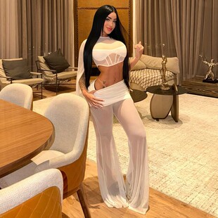 Umbilical top flared pants mesh set 露脐上衣喇叭裤网纱套装女