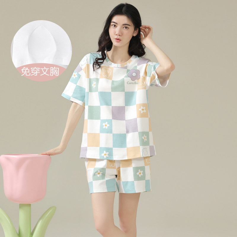 带胸垫睡衣女夏季纯棉内衬含固定胸垫片夏天可外穿时尚网红居家服