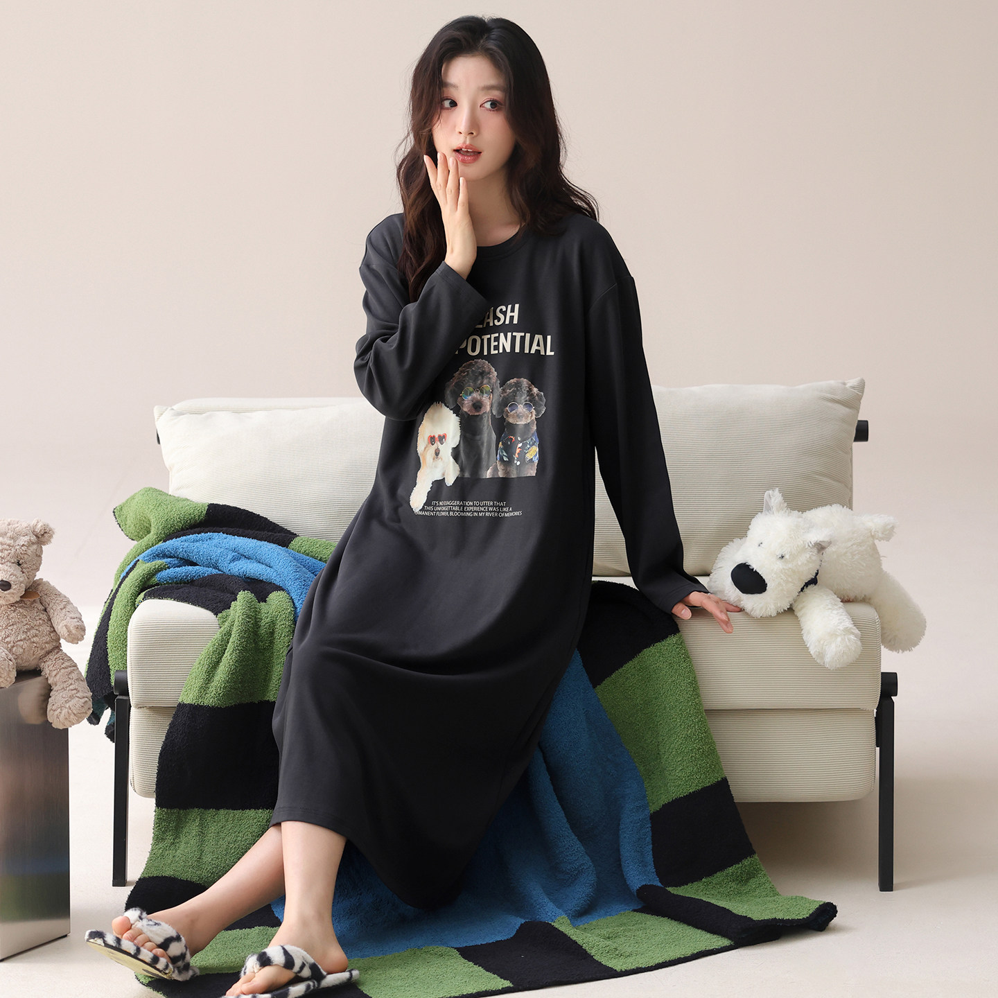 长款睡裙带胸垫防凸点春秋可爱卡通泰迪狗图案秋冬长袖纯棉女睡衣,女士内衣/男士内衣/家居服,睡裙,淘宝优惠券,粉丝福利购,淘宝优惠卷