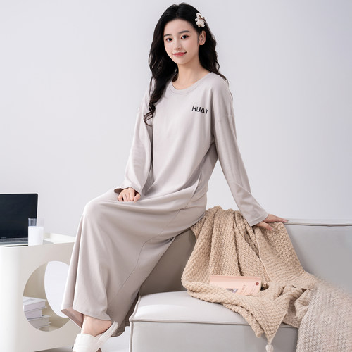 超长可到脚踝，长袖纯棉女睡裙