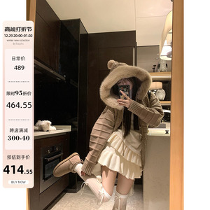 烟熏桃桃杜塞咖啡店 可拆毛领+马甲内胆宽松休闲连帽厚外套女秋冬