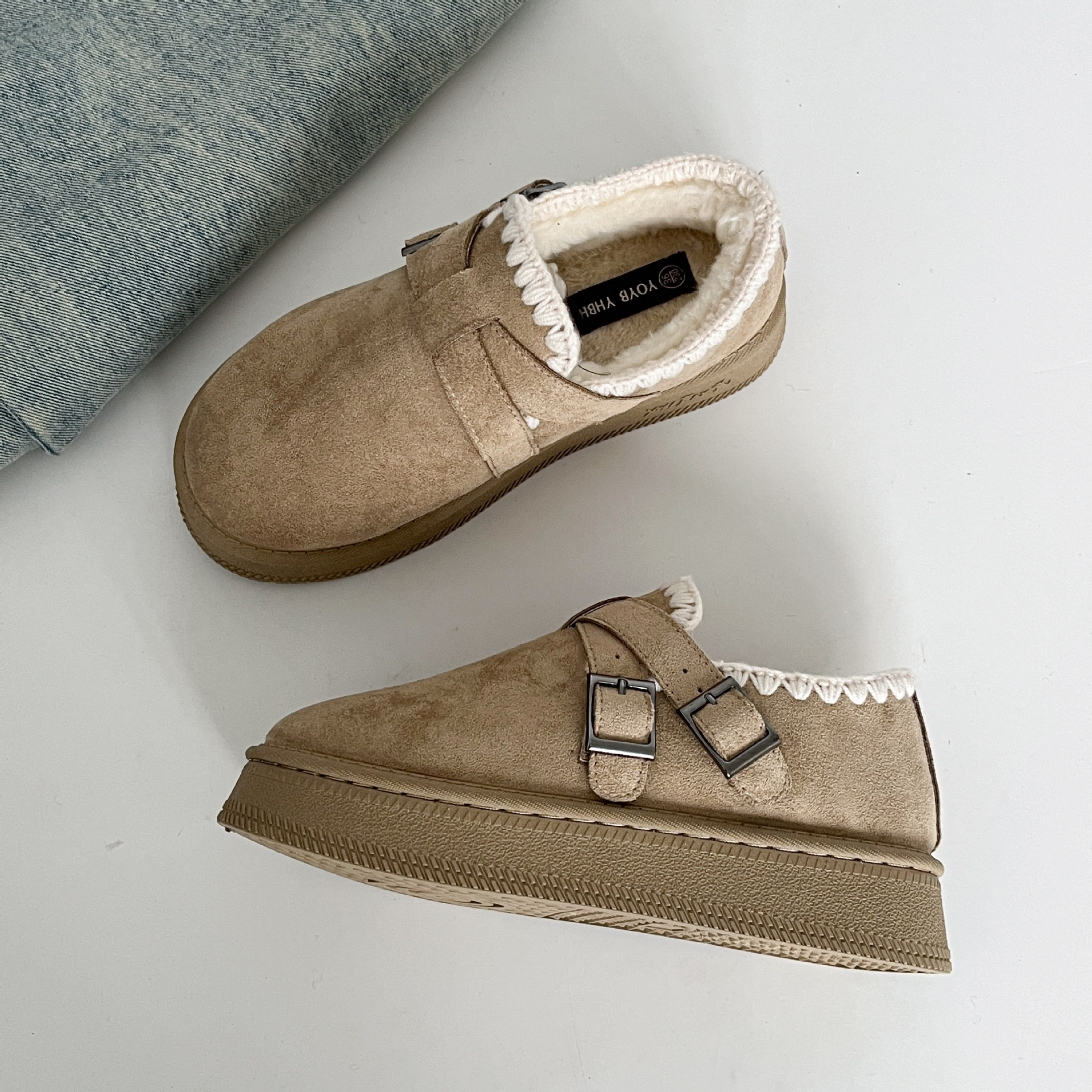 雪地靴女毛毛博肯棉拖鞋松糕厚底女鞋潮2025冬加绒乐福鞋远波1912