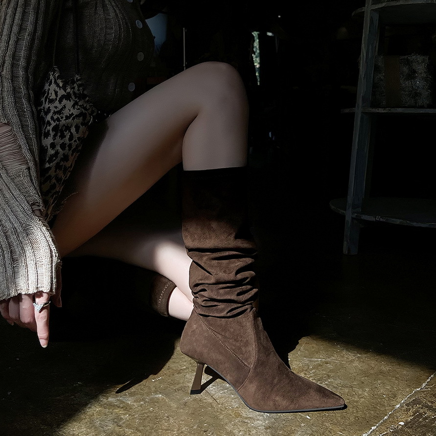 2639-1细高跟长筒靴女褶皱堆堆靴弹力靴尖头瘦瘦靴高筒长靴骑士靴