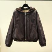 带帽加绒皮衣女士秋冬装 外套 加厚宽松保暖机车服夹克短款 新款 时尚