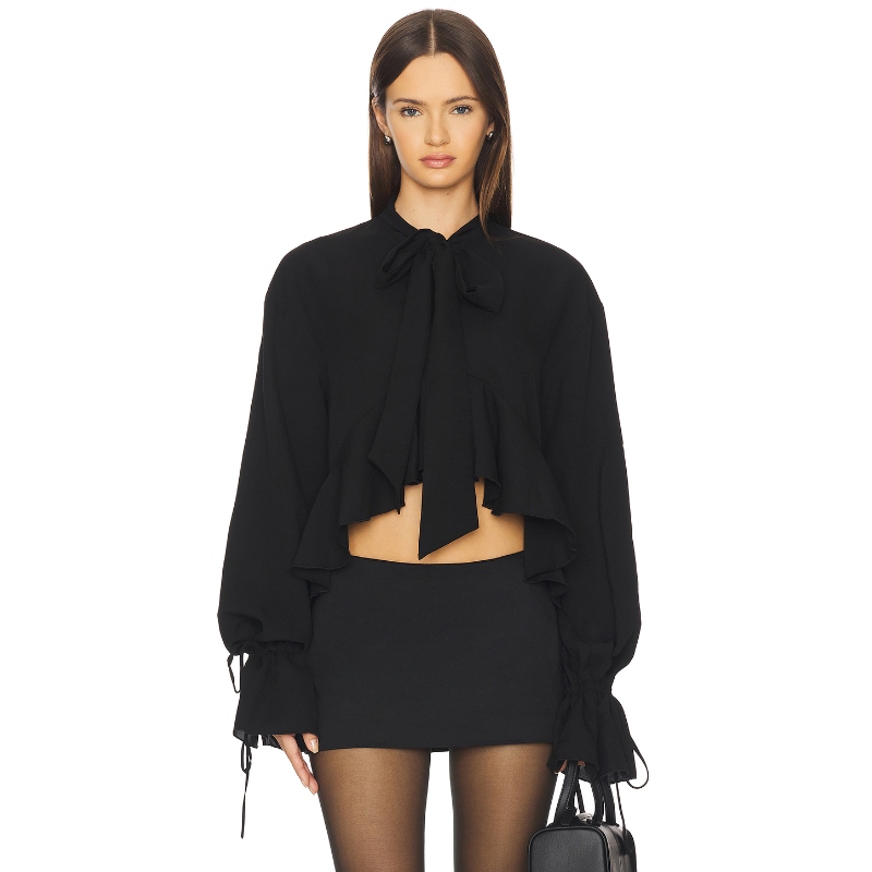 MORE TO COME 衬衫上装黑色系带露脐灯笼袖上衣REVOLVE小众新款