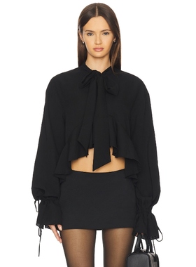 MORE TO COME 衬衫上装黑色系带露脐灯笼袖上衣REVOLVE小众新款