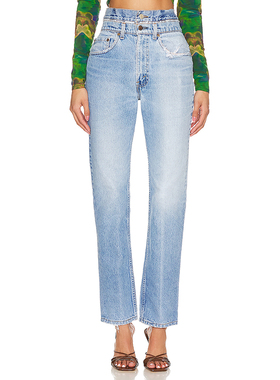 [春季新品]aligrace Double Waist牛仔裤蓝色高腰丹宁长裤REVOLVE