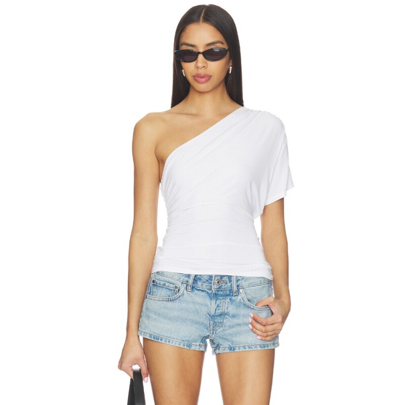 EB Denim白色上衣单肩辣妹风早秋新品修身短款无袖T恤REVOLVE