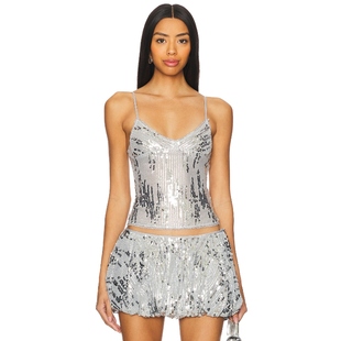 Jaded London Sequin Lace Cami Top 金属银色 2revolve小众新款