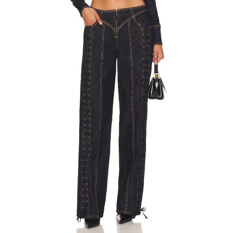 [早秋新品]LIONESS黑色牛仔裤绑带牛仔辣妹修身高腰长裤REVOLVE