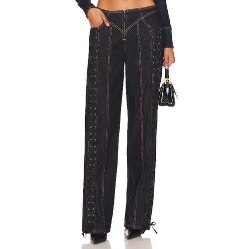 [秋冬新品]LIONESS黑色牛仔裤绑带牛仔辣妹修身高腰长裤REVOLVE
