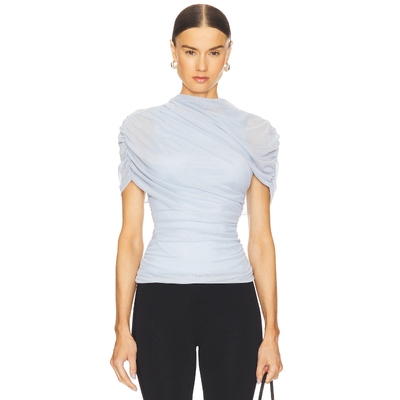 Amanda Uprichard浅蓝网纱褶皱堆堆袖修身短款上衣REVOLVE