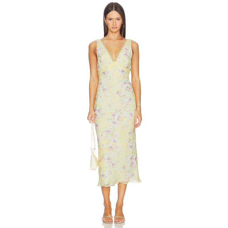 [夏季新品]MORE TO COME浅黄连衣裙碎花深V甜美长裙REVOLVE