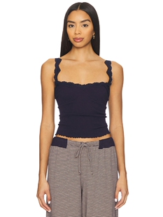 Free People蕾丝花边方领吊带背心黑色坑条修身打底衫REVOLVE