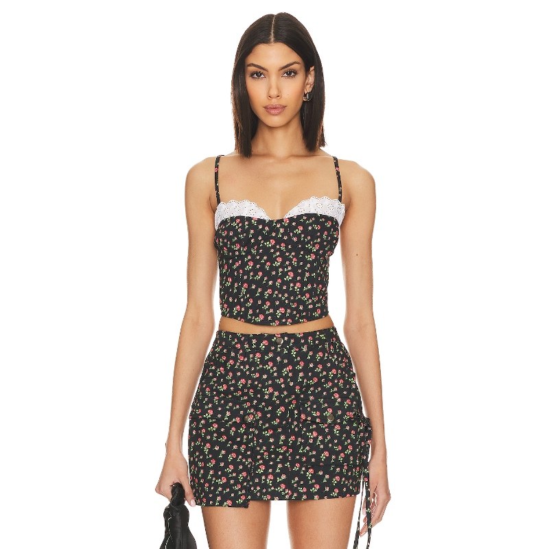 For Love & Lemons黑色上衣碎花甜美风新品短款吊带REVOLVE