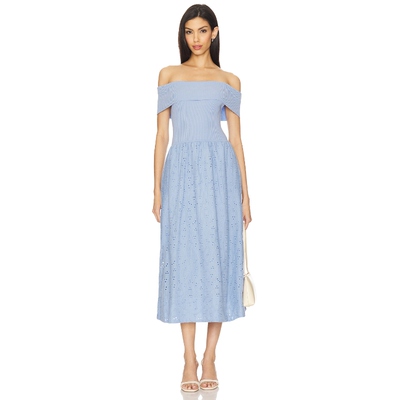 ASTR the Label 蓝色一字肩连衣裙气质收腰长裙REVOLVE