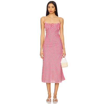 NIA 红色格子中长款度假风性感吊带连衣裙REVOLVE小众