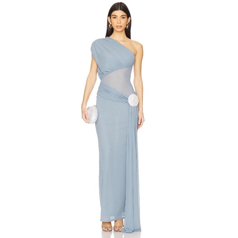 Lovers and Friends 单肩连衣裙暗蓝灰色复古风礼服裙REVOLVE新款