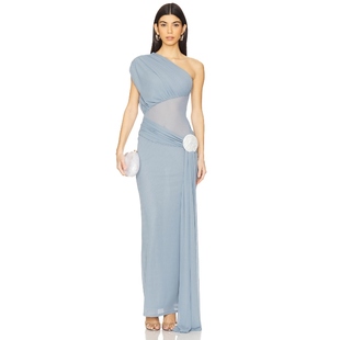 Lovers and Friends 单肩连衣裙暗蓝灰色复古风礼服裙REVOLVE新款