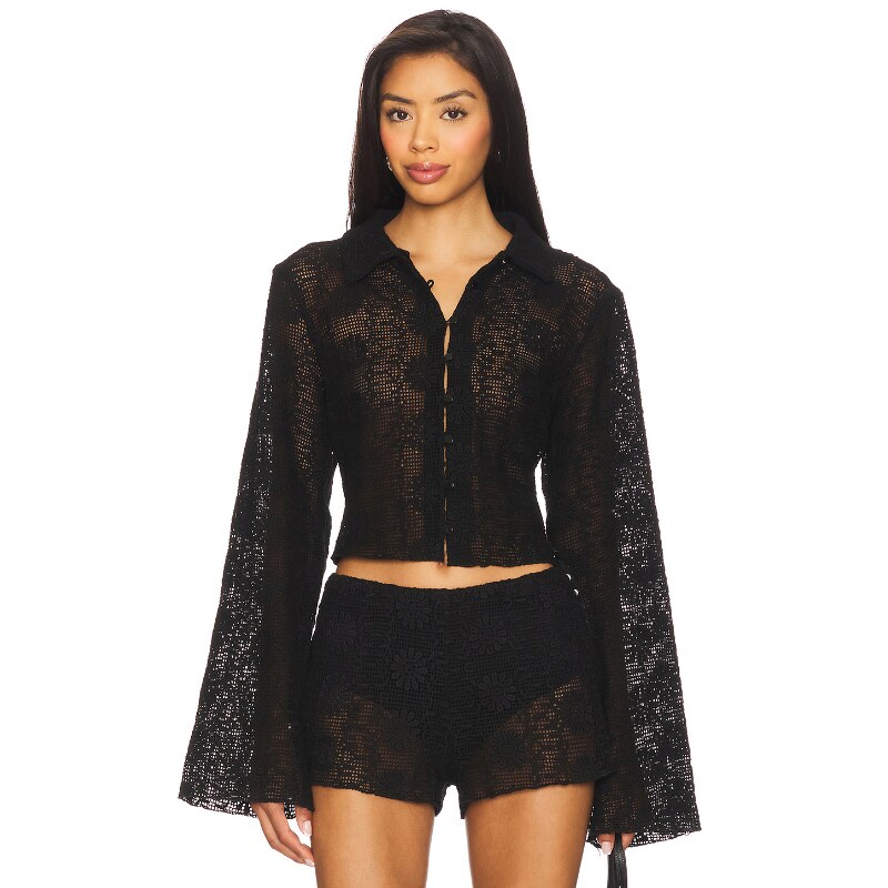 [夏季新品]LIONESS黑色衬衫绑带辣妹修身高腰阔腿上装REVOLVE