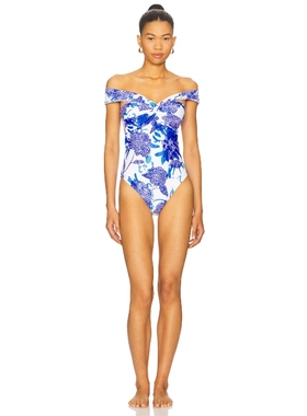 MILLY BRUSHWORK FLORAL 抹胸一件式泳装 蓝色 y2k辣妹风REVOLVE