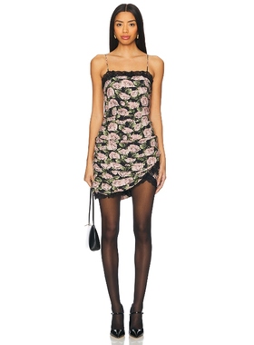 For Love & Lemons 吊带连衣裙黑色蕾丝开叉性感短裙REVOLVE新款