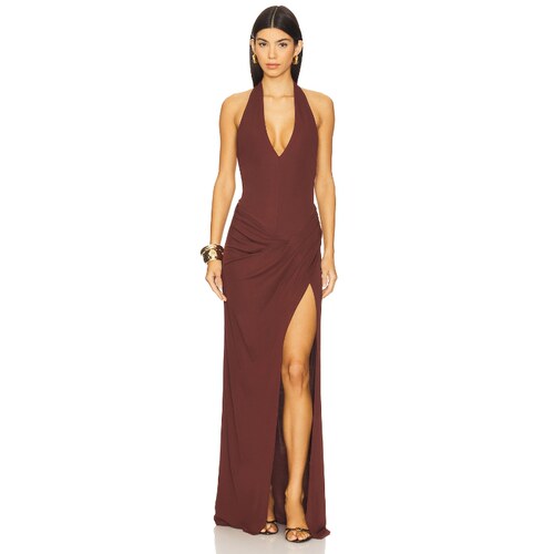 Michael Costello 挂脖露背连衣裙巧克力色开叉长裙REVOLVE
