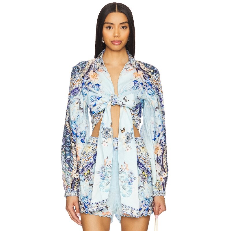 [冬季新品]Camilla Cropped Wrap Shirt 蓝色REVOLVE小众新款