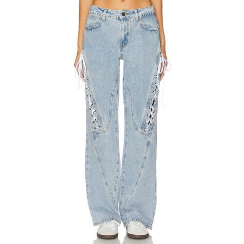[秋冬新品]LIONESS浅蓝绑带辣妹修身高腰休闲阔腿牛仔裤子REVOLVE