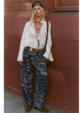 [海外直邮]Free People 印花筒形牛仔裤蓝色弯刀裤REVOLVE新款