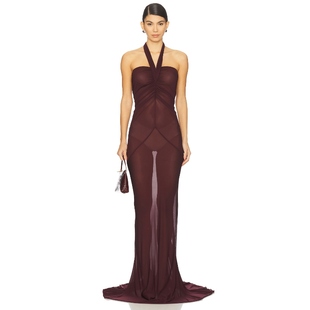 Halter 酒红色REVOLVE小众新款 Neck Gown Ruched Atlein