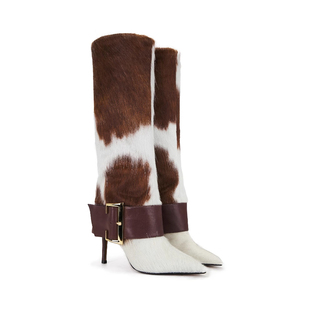 REVOLVE小众新款 Schutz 长筒靴子毛绒雪地靴尖头复古风高跟鞋