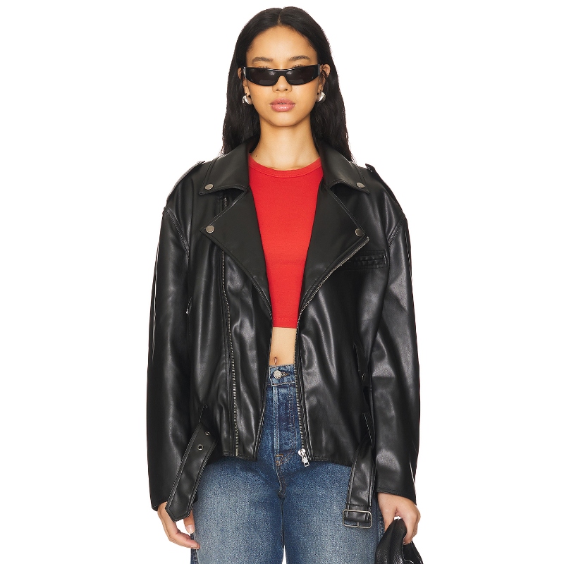 AFRM 夹克黑色皮衣美式休闲风翻领外套机车夹克REVOLVE小众新款