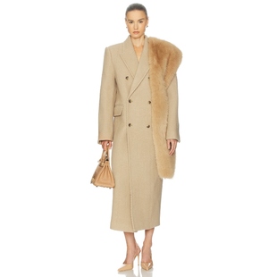 Helsa 羊毛大衣棕黄色静奢风老钱风后开衩高级感外套REVOLVE新款