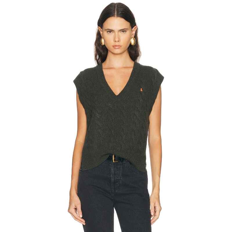 Polo Ralph Lauren灰绿色绞花针织背心老钱风秋冬保暖毛衫REVOLVE