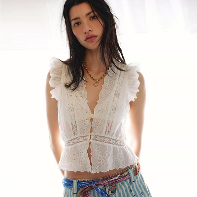 Free People夏日新品白色上装深V荷叶边蕾丝甜美风背心REVOLVE